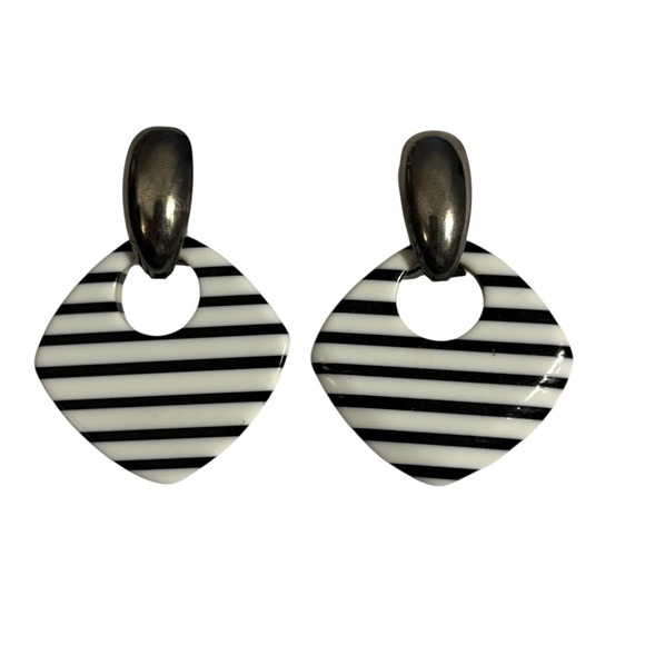 Black And White Striped Dangle Earrings VTG Geometric Drop Acrylic 80s Pierced - Picture 3 of 12